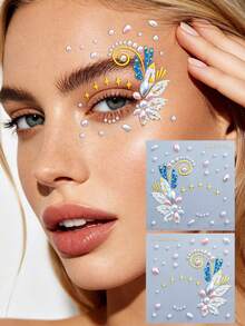 1pc Rhinestone Eye Jewel Sticker - Half Eye Pink & Blue Floral Rhinestone Sticker, Self-Adhesive Face Gems, Suitable For Eye Makeup, Music Festivals, Parties And Outings, Convenient Reusable Decoration To Enhance Eye Makeup,Rhinestone Face Sticker - Multicolor - View 3