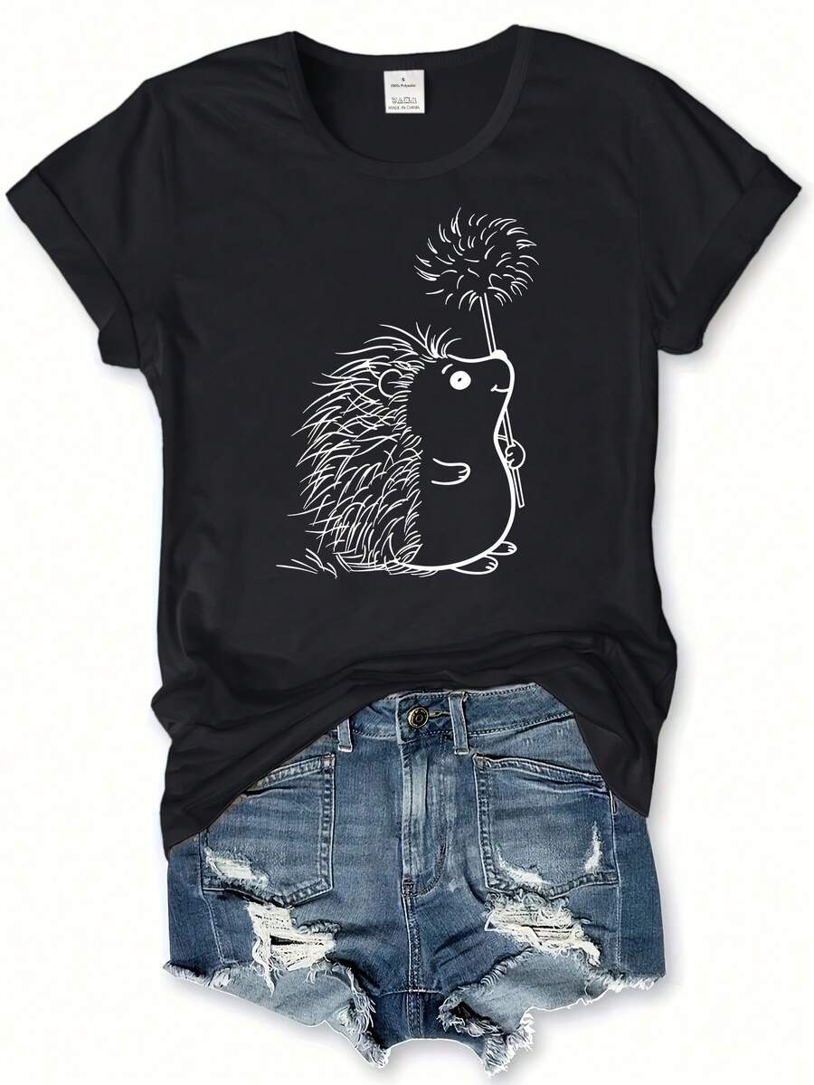 Women's 100% Cotton T-Shirts 2026 Hedgehog Print Round Neck T-Shirt, Casual Short Sleeve T-Shirt For Spring And Summer, Korean Style Women's Clothing - Black - View 1