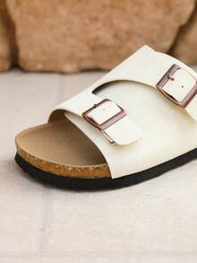 Sandal Anak-Anak Warna Putih Bahan Suede Imitasi dengan Gesper yang Dapat Diatur, Sandal Selop Terbuka yang Bernapas, Sandal Anti Selip untuk Luar Ruangan/Pantai/Dalam Ruangan - Putih - View 8