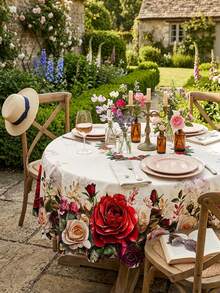 1pc Vintage Rose Floral Garden Print Tablecloth, Romantic European Farmhouse Style Polyester Rectangular/Oval Table Cover With Red Rose, White Rose, Flower Bouquet, Green Leaf Botanical Pattern, Decorative Dining Tablecloth - Multicolor - View 2