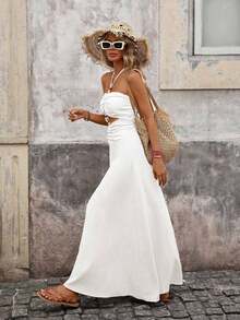 Vestido de gasa con estampado para primavera y verano con cuello de halter para mujeres - Blanco - Ver 5