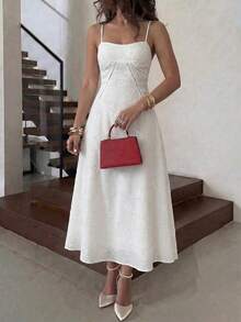 Unadoll Women's Summer Elegant White Butterfly Embroidery Maxi Dress, Spaghetti Strap Lace-Up Back A-Line Flowy Dress For Vacation & Party - White - View 1