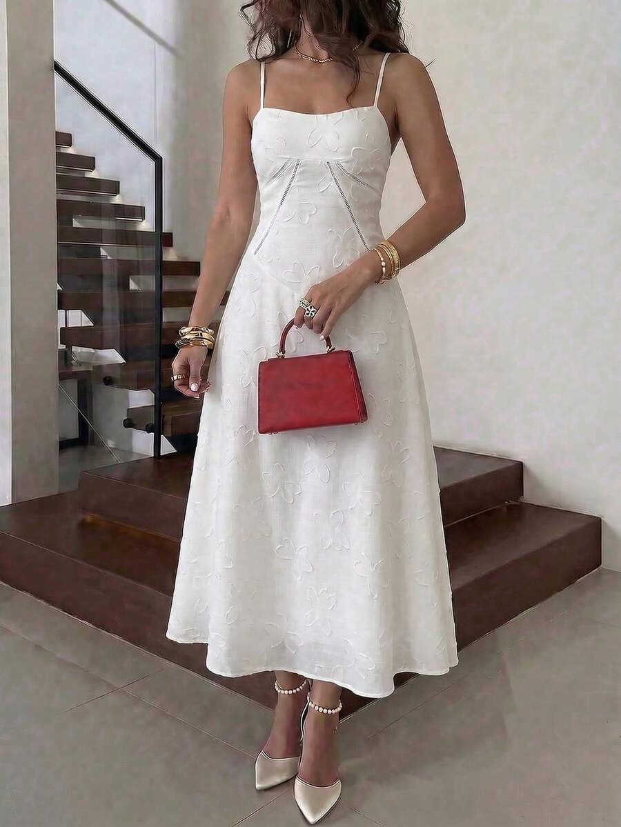Unadoll Women's Summer Elegant White Butterfly Embroidery Maxi Dress, Spaghetti Strap Lace-Up Back A-Line Flowy Dress For Vacation & Party - White - View 1