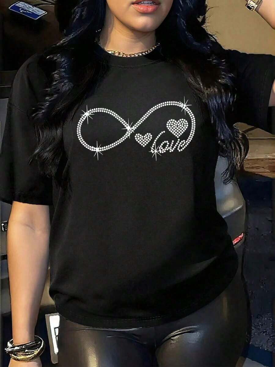 Camiseta de punto casual de manga corta para mujer con estampado de infinito, cuello redondo y hombros caídos - Estilo vintage urbano, unisex, holgada, de algodón 100% puro. - Negro - Ver 1