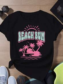Women's Crew Neck T-Shirt, Summer 2025. Retro "BEACH BUM" Print With Palm Trees And Sunset. Cotton, Breathable For Beach Lovers. Y2K T-Shirt - 白色 - 查看 10