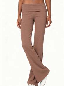 Women's Spring Summer Baggy Pants Foldover Waist Solid Color Loose Wide Leg Pants - Chocolate Color - View 1