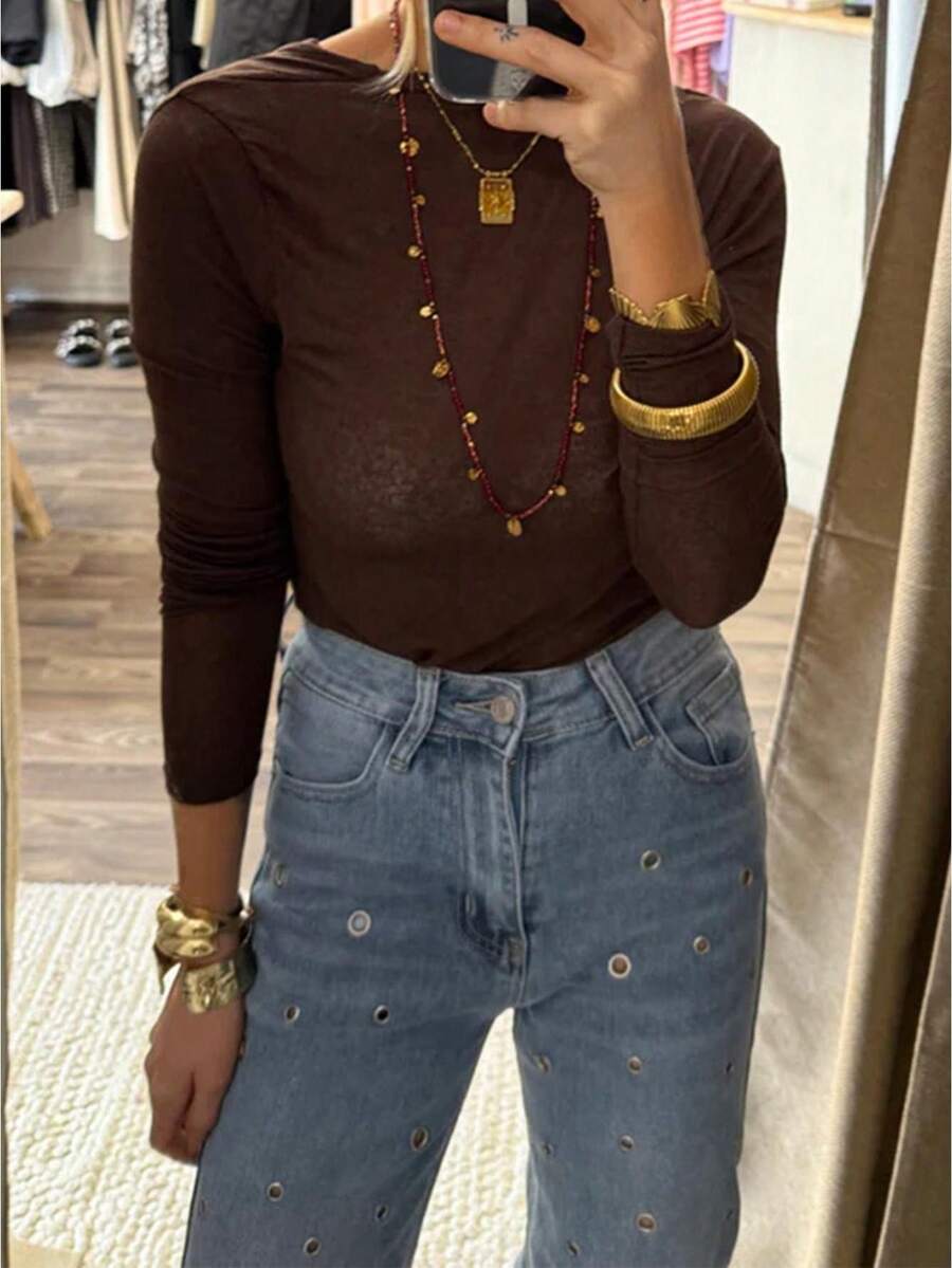 Women's Backless Tops Stylish Solid Boat Neck Long Sleeve Blouse For All Seasons - Dark Brown - View 1