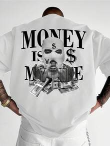 Camiseta de manga corta para hombre, estilo casual urbano con estampado "Masked Man, Yuanmei", cómoda y de cuello redondo, ideal para primavera y verano. - Blanco - Ver 1