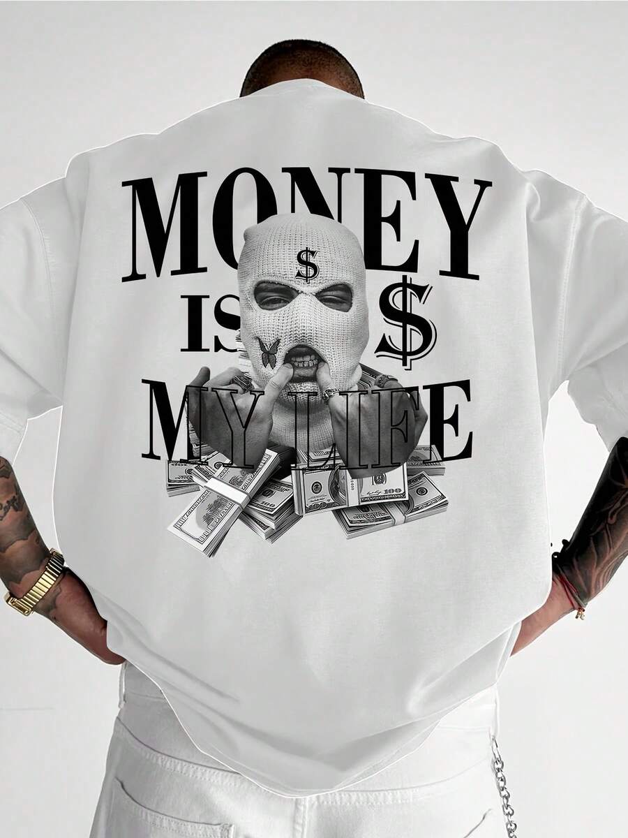 Camiseta de manga corta para hombre, estilo casual urbano con estampado "Masked Man, Yuanmei", cómoda y de cuello redondo, ideal para primavera y verano. - Blanco - Ver 1