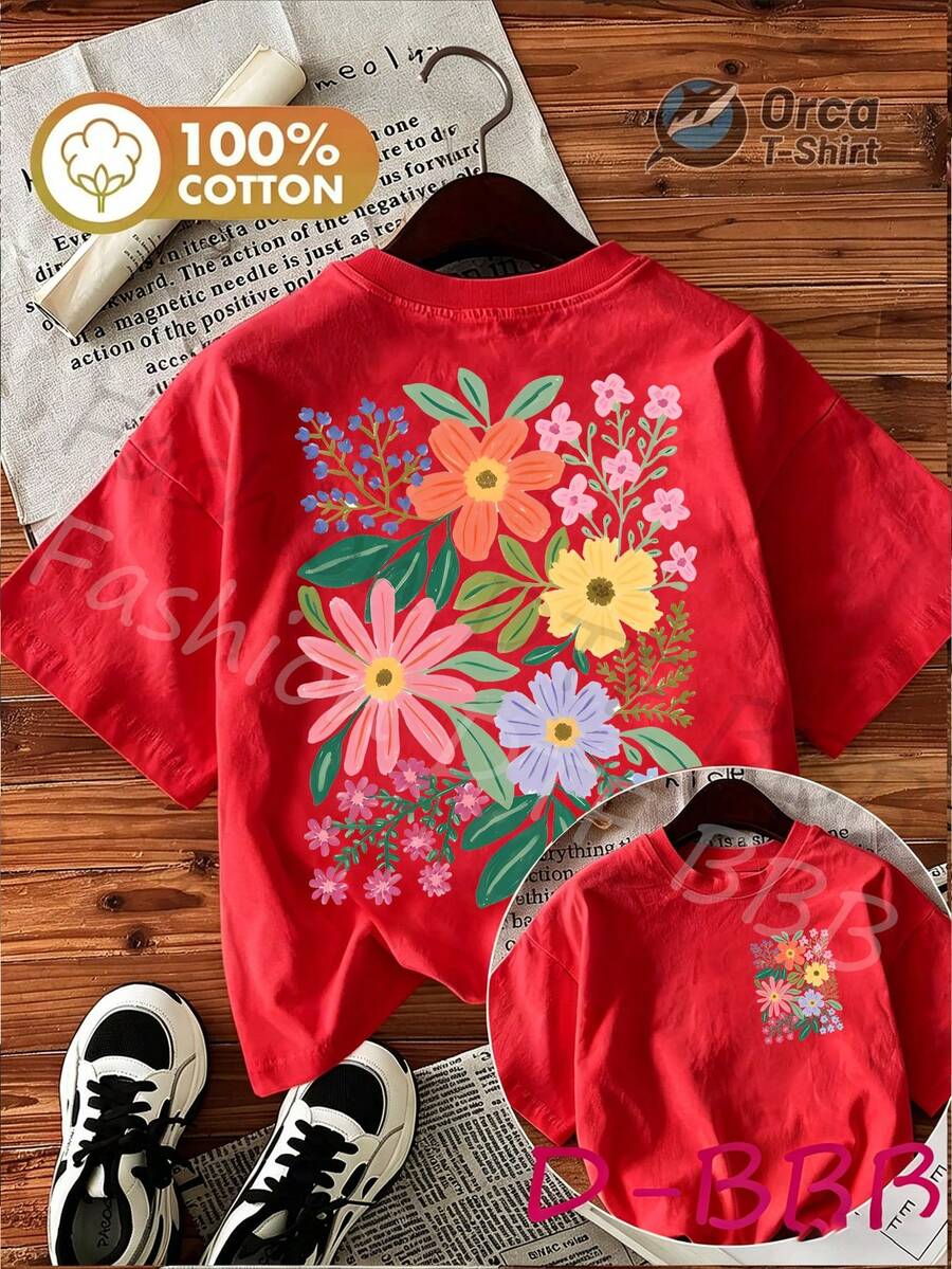 Ilustración de flores y plantas frescas y mixtas, camiseta de mujer casual de primavera/verano con estampado de doble cara, estilo retro y lindo, camiseta de manga corta con cuello redondo - Camiseta unisex de algodón holgada de manga corta y cuello redondo estilo vintage urbano. - Rojo - Ver 1