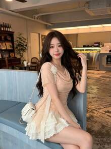 露肩渐变印花上衣，蝴蝶结不对称下摆，休闲、约会、度假装，女士春夏款 - 粉色 - 查看 3