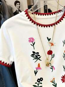 Camiseta Personalizada de Manga Corta para Mujer con Cuello Redondo y Bordado Floral Colorido - Estilo Vintage Urbano, Camiseta Holgada de Algodón de Manga Corta con Cuello Redondo - Blanco 3 - Ver 3