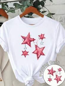 Camiseta Casual para Mujer con Estampado de Estrellas Rosadas, Manga Corta, Cuello Redondo, Corte Regular, Bonita Camiseta de Poliéster SPHV - Blanco - Ver 3
