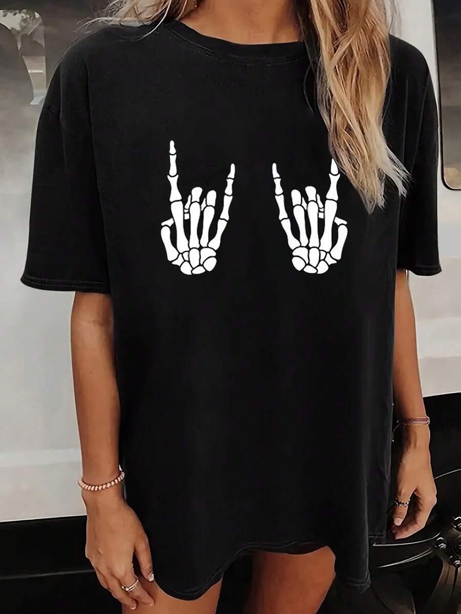 Women's Rock 'n' Roll Graphic T-Shirt - White T-Shirt With Skull Hands Making A Rock 'n' Roll Gesture - Lightweight T-Shirt For Everyday Wear At Concerts, Festivals, Casual Outfits - Fashionable Women's Top For Spring/Summer/Autumn, Festival Outfit, Geometric Print Y2k T-Shirt Shirt - 黑色 - 查看 1
