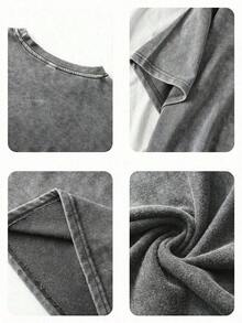 Vintage Washed Grey Front Back TOKYO Letter Print Tee, Retro Distressed Oversized Short Sleeve T-Shirt, Men Women Streetwear Casual Loose Cotton Top - 灰色 - 查看 3