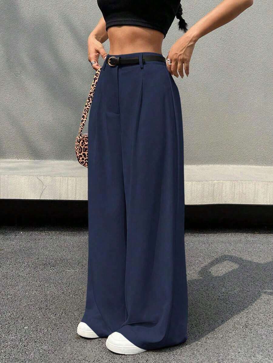 de pierna ancha con cinturón de talle alto, perfectos para el tiempo libre, primavera/otoño, con botón, bolsillo y cremallera, de pierna recta natural, pierna ancha, sueltos y negros, para uso casual diario. - Azul marino - Ver 1
