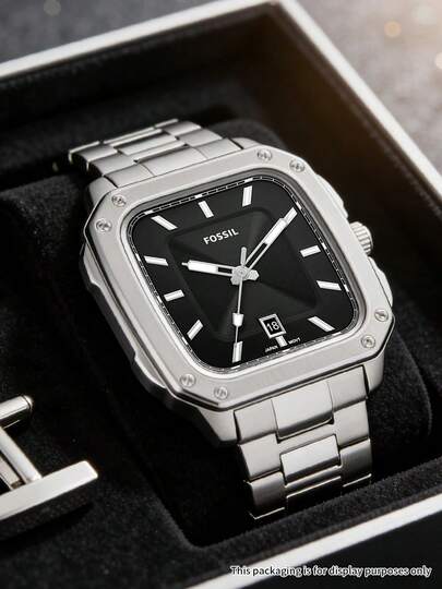 Fossil Men's Quartz Watch Luxury Brand Square Bold Case Black Dial Stainless Steel Bracelet Sport Wristwatch | Silver Screw-Bezel Rectangle Analog Date Display Dress Watch | Statement Gift for Him Birthday Father's Day Graduation Business Streetwear Daily Wear