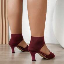 Black High Heel Peep Toe Roman Sandals, Women's Elastic Knit Super Breathable Fashion Hollow Out Sandals - Red - View 6