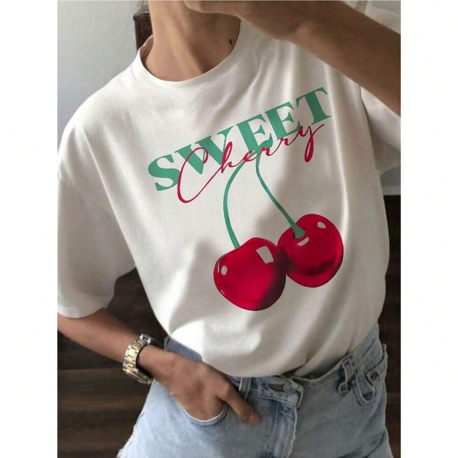 YOCASA Women's Casual Summer T-Shirt, Round Neck, Fitted Short Sleeve, With Oil Painting Print, Floral, Heart, Cherry And Letter Patterns. Simple Casual Fabric, Ideal For Everyday Wear And Valentine's Day Dates. - [白色的] - 查看 1