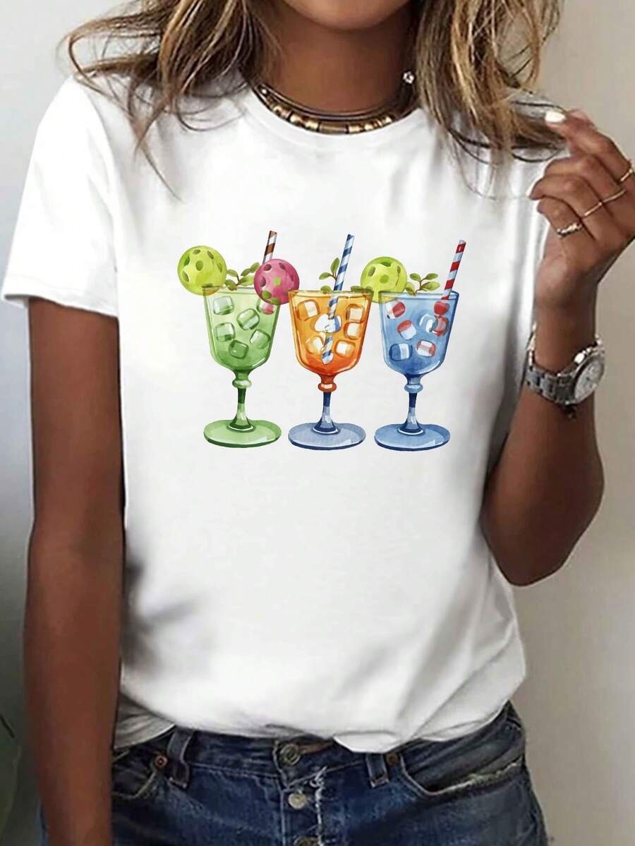 T-Shirt With Watercolor Cocktail Glass And Pickleball Print, Casual Short Sleeve Round Neck Top, Women's Spring/Summer Clothing, Pure Cotton Print T-Shirt For Women. - 白色 - 查看 1
