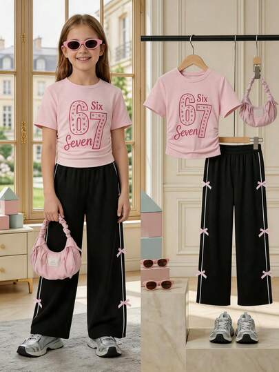 Bộ 2 món áo thun ngọt ngào và cá tính cho bé gái, trang phục mùa hè, áo thun crop top in hình ngôi sao màu hồng + quần ống rộng màu đen có nơ, phù hợp cho bé gái 8-12 tuổi, thích hợp cho hoạt động ngoài trời, thường ngày, dự tiệc, quà tặng ngày lễ, quà sinh nhật.