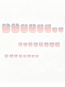 24片短款方形可爱粉色条纹蝴蝶结、黑色波点、白色法式粉色假脚趾甲，表达你的爱意。适合女性和女孩，附赠1支凝胶胶水和1个指甲锉。凝胶胶水随机发货。 - 彩色 - 查看 2
