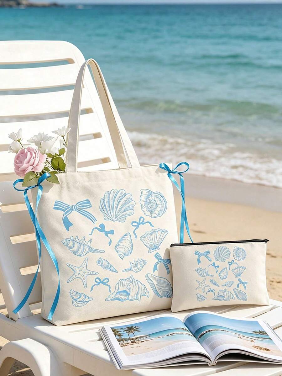 Bộ túi tote và ví vải họa tiết vỏ sò ven biển, túi tote in hình đại dương màu xanh nhạt kèm ví đựng mỹ phẩm cùng màu, túi xách chủ đề bãi biển với nơ ruy băng, lý tưởng cho phụ nữ, những người yêu thích biển và những người đi nghỉ hè. - Nhiều màu - Xem 1