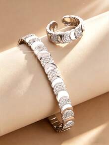 LIGHTSOME 2pcs/Set Women's Luxury Fashion Moon Open Bangle, 18K Gold Plated Copper With Zirconia, Middle Eastern Style Moon Tennis Bracelet Ring, Suitable For Daily Wear - Moon Bracelet Ring - View 3