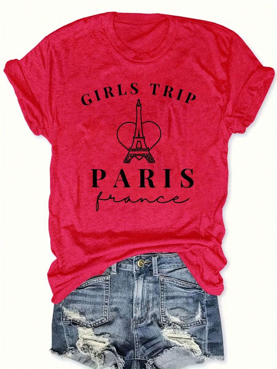 Top Casual de Talla Grande con Mangas Cortas y Estampado de Letras, Adecuado para Verano y Primavera, Ropa de Talla Grande para Mujer. - Rojo - Ver 1