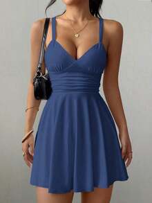 Vestido mini sexy y elegante de mujer con tirantes de espagueti, cuello en V, tejido y fruncido en la cintura en línea A - Azul - Ver 6