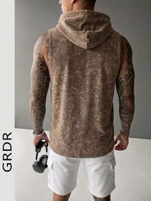 GRDR Men's Summer Hooded Washed Solid Color Tank Top, Casual Sports Style, Suitable For Summer Sports Outfit, Fashion Minimalist - Brown - View 5