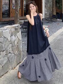 Vestido casual de verano para mujer sin mangas con parches de colores contrastantes - Azul marino - Ver 1