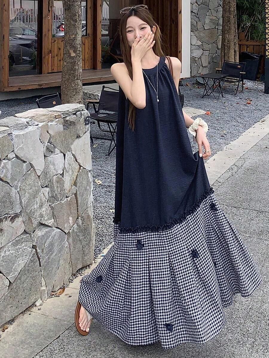 Vestido casual de verano para mujer sin mangas con parches de colores contrastantes - Azul marino - Ver 1