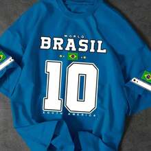 Men's Casual T-Shirt With "BRAZIL" Print And Number 10, Premium Cotton, World Cup Fan Edition, Brazilian Football Fashion - 藍色 - 查看 7