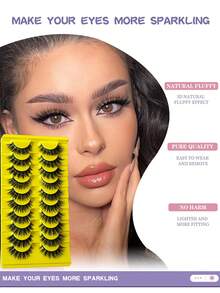 10 Pairs Natural Eyelashes Wispy And Crossed Lashes Daily Eye False Eyelashes Fluffy & Soft 3D Effect Spiky Faux Mink Lashes Soft Makeup - Black - View 5