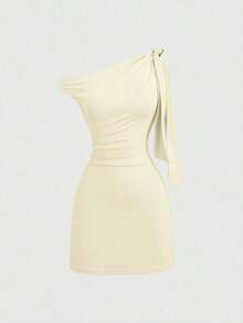 Sweetro Vestido ajustado sexy con volantes en el hombro oblicuo, que ciñe la cintura, estilo francés chic, minifalda ajustado - Amarillo - Ver 7