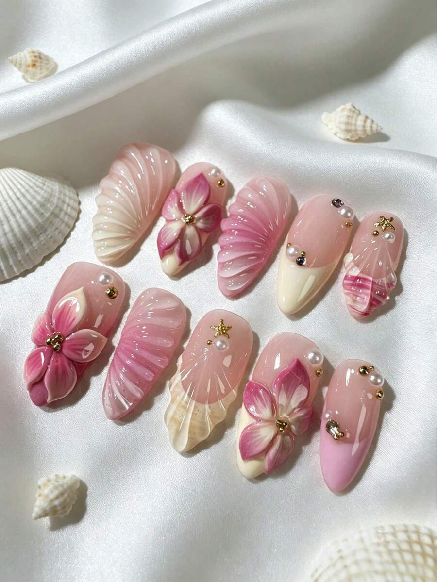 10pcs Handmade Almond-Shaped Press-On Nails, Handcrafted Floral Pearl Mermaid Tail Nail Art, Gold Star Rhinestone Beach Holiday Style, Suitable For Daily Wear And Festivals, Reusable, Perfect Fit For Women And Girls - Pink - View 1