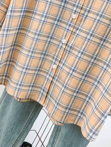 Áo sơ mi nữ dài tay kẻ caro xanh dương, chất liệu polyester, kiểu dáng thường ngày. - trái cam - Xem 7