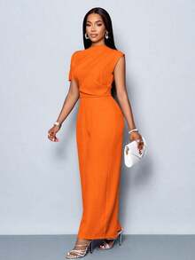 Mono de pierna ancha con hombros descubiertos, cuello asimétrico, pliegues en los hombros y manga corta, de uso casual, elegante y apropiado para salidas diurnas, en color albaricoque, para mujer de uso en las cuatro estaciones - Naranja - Ver 6