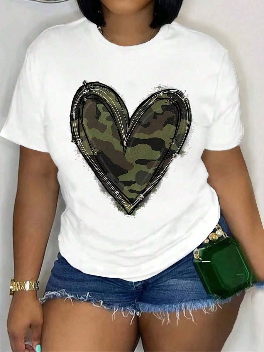 1 pieza de camiseta de mujer con estampado de corazón en camuflaje - Camiseta de algodón suave y transpirable, de manga corta, cuello redondo, para uso diario en primavera y verano, ropa casual diaria, camiseta con estampado de camuflaje, jersey de 180g, 100% algodón, los patrones están completamente impresos. Unisexo. - Blanco - Ver 1