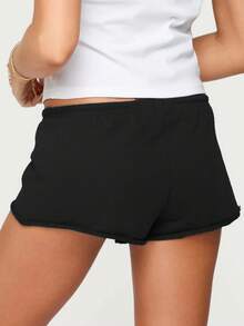 Women's Summer Drawstring Shorts Solid Color Low Waist Casual Breathable Short Pants - Black - View 2