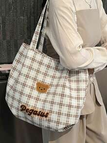 New Plaid Canvas Tote Bag, Large Capacity, Cute Bear Head Embroidery, Versatile Shoulder Bag For Students And Commuting - Multicolor - View 5