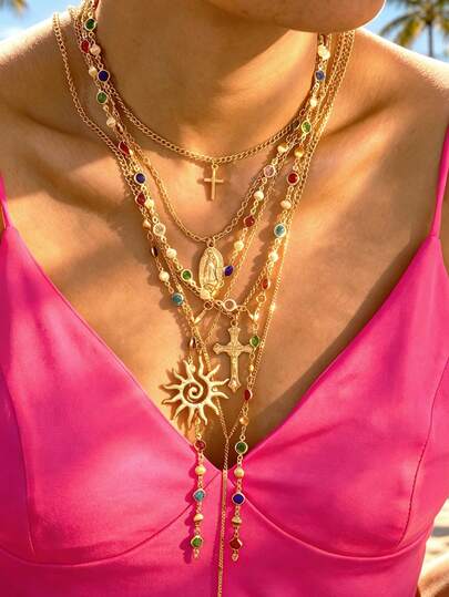 7pcs Y-Shaped Necklace Set, Fashionable Minimalist Elegant Vintage Geometric Sun Cross Colorful Rhinestone Embossed Texture Pendant Multilayer Necklace, Suitable For Holiday, Party, Date, Daily Wear, & Personalized