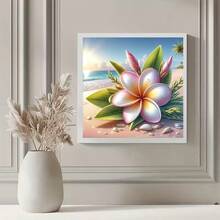 1pc New 5D Round Acrylic Diamond Painting, Beach Hibiscus Themed Mosaic Crafted, Ideal Home Wall Decor. Handmade Artistic, Suitable As Holiday Gift For Girlfriend, Parents, Friends To Convey Heartfelt Wishes And Add Romantic Artistic Ambiance, Frameless - round diamond - View 3