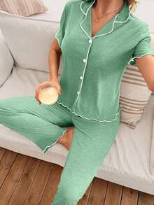 Mono de verano de punto ligero y suelto con volantes, de tela roja, de estilo casual y holgado para mujer - Verde - Ver 4