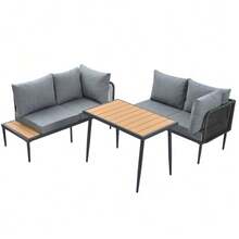 Conjunto de jantar para jardim, conjunto de móveis de jardim, sofá de canto + mesa de jantar, módulo de canto, tubos de aço galvanizado, tampo de mesa em plástico/madeira, cinza - Cinza - Ver 11