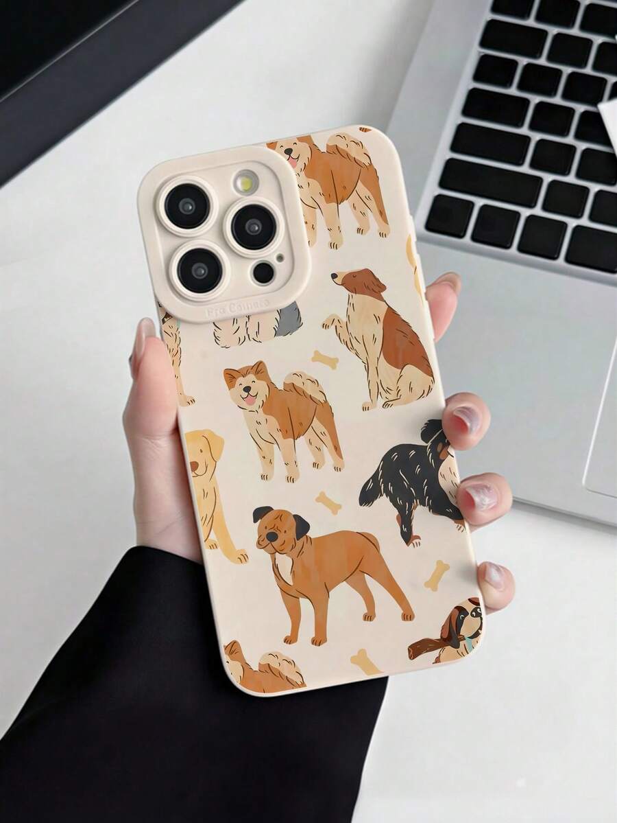 Funda de silicona líquida para teléfono móvil con estampado de perro y hueso en patrón crema, protección de Body completo, a prueba de golpes y caídas, de goma suave TPU compatible con iPhone y Galaxy