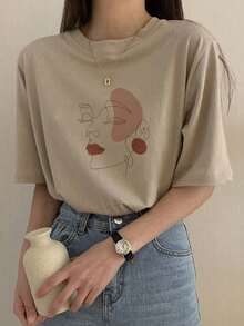 Camiseta de manga corta con cuello redondo y estampado, de corte holgado para mujer, camisetas gráficas de verano para mujer - Caqui - Ver 5