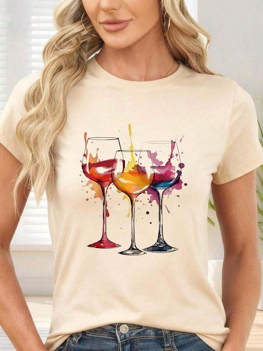 GiftT-Shirt With Wine Glass And Colorful Splash Print For Party And LeisureSoft - Apricot - View 1