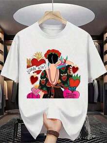 Women's 100% Cotton Short-Sleeve T-Shirt - Men's Cotton T-Shirt - Short Sleeve, Crew Neck, Digital Print, Comfortable For All Seasons, Machine Washable, Ideal For Daily Outings, Circular Design, Casual Summer T-Shirt, Mexican Folk Art Style Muscle Freaks Frida Hearts, Fashionable Women's Clothing, Crew Neck, 100% Cotton, Soft Fabric, Short Sleeve - 黑色 - 查看 1